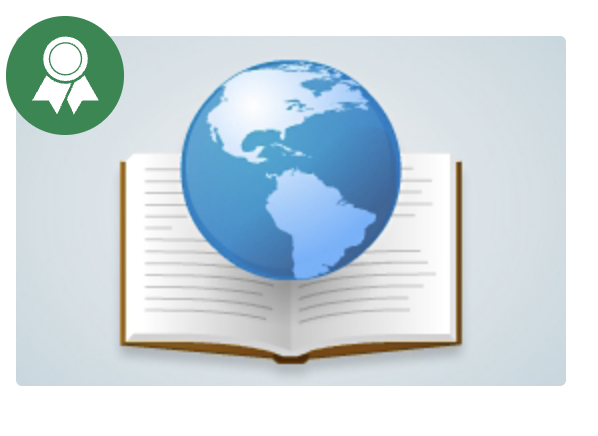 A book with a globe and green badge