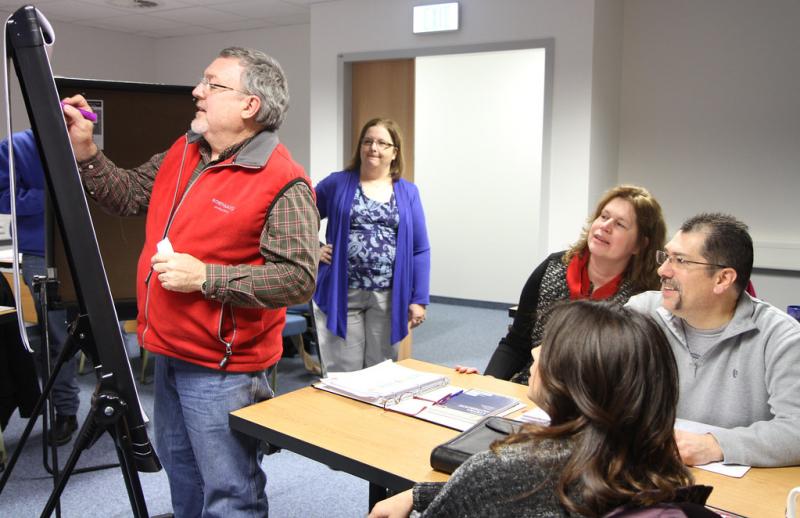 group of project managers around a large notepad