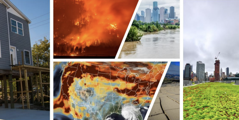 A collage of different adaptation actions and climate impacts