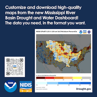 Graphic showing the Mississippi River Basin Drought and Water Dashboard, with a QR code to the website