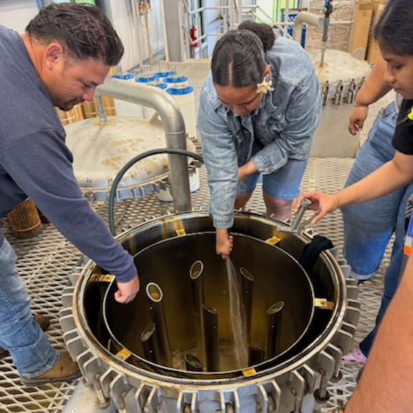 Three people reaching down into a large cylindrical industrial filtration unit with multiple vertical tubes inside.