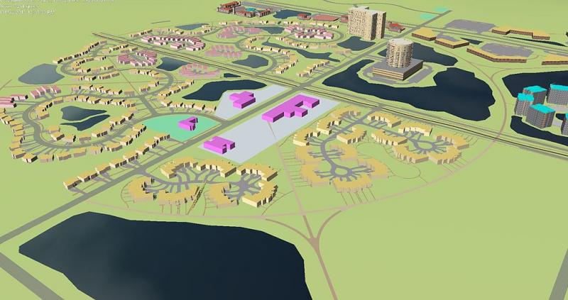 3-D graphic illustrating buildings and surroundings