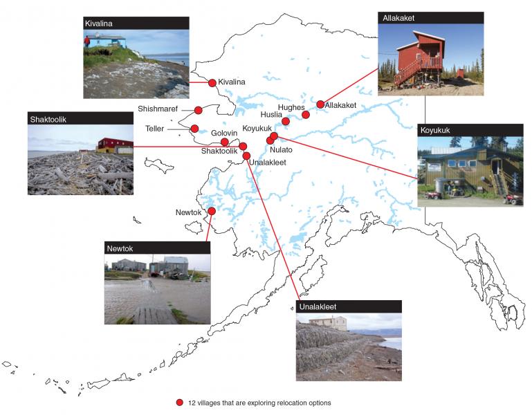 Map of 12 Alaska Native villages that are exploring relocation options