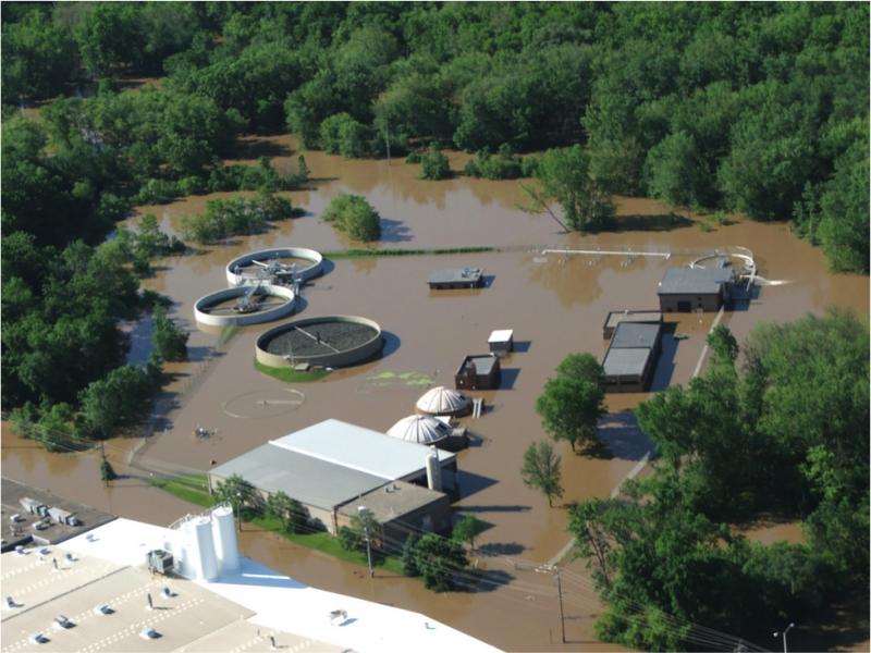 Aerial view of flooded wastewater treatment plant