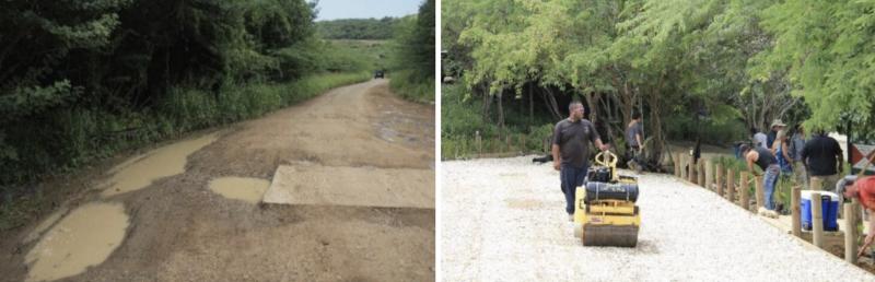 Muddy area on paved area on right