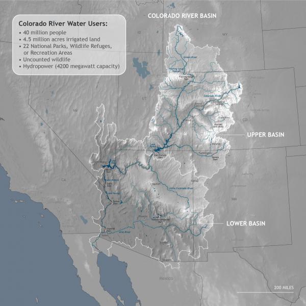 Map showing extent of the Colorado River Basin spanning seven states in the West