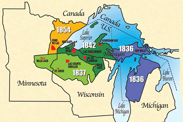 Map showing the tribal Ceded Territories in the Great Lakes region