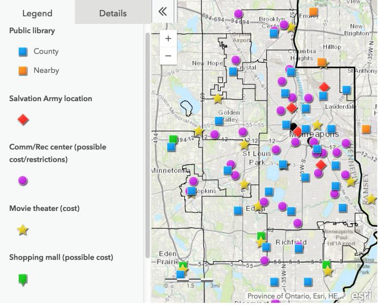 Map of locations where people can go to cool down in Minneapolis
