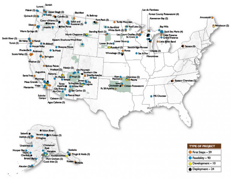 Map showing DOE Tribal Energy Program initiatives in the U.S.