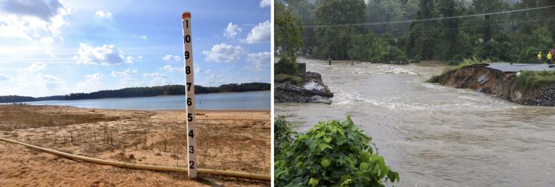 Dried lake bed on left, flooded stream on right