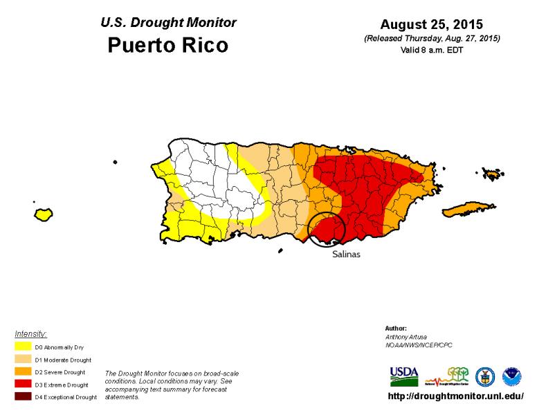 Map showing extreme drought conditions in much of eastern Puerto Rico during August 2015
