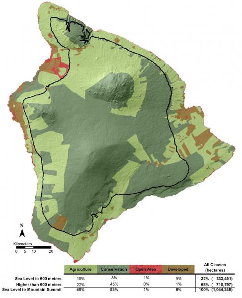 Map showing conservation at center of island surrounded by agriculture and some development