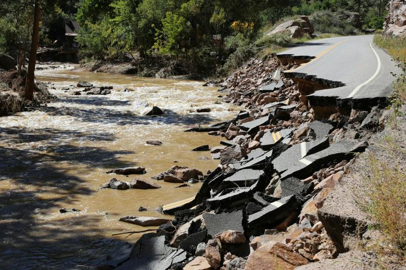 Damaged road after flooding in Colorado