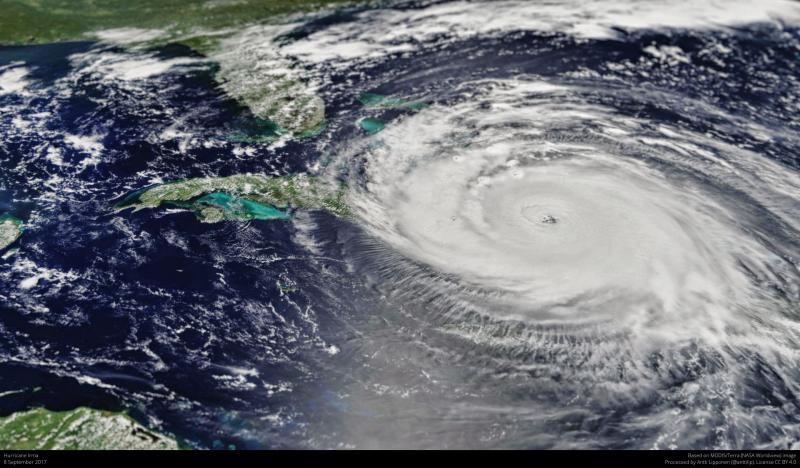 Aerial view of Hurricane Irma hovering over the U.S. Caribbean headed northwest toward Florida.
