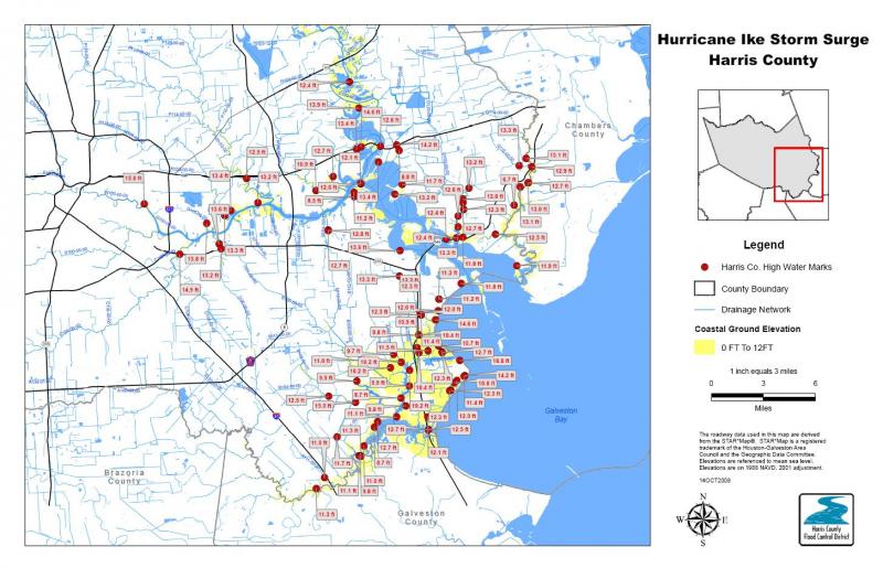 Map of high water marks in Harris County, TX