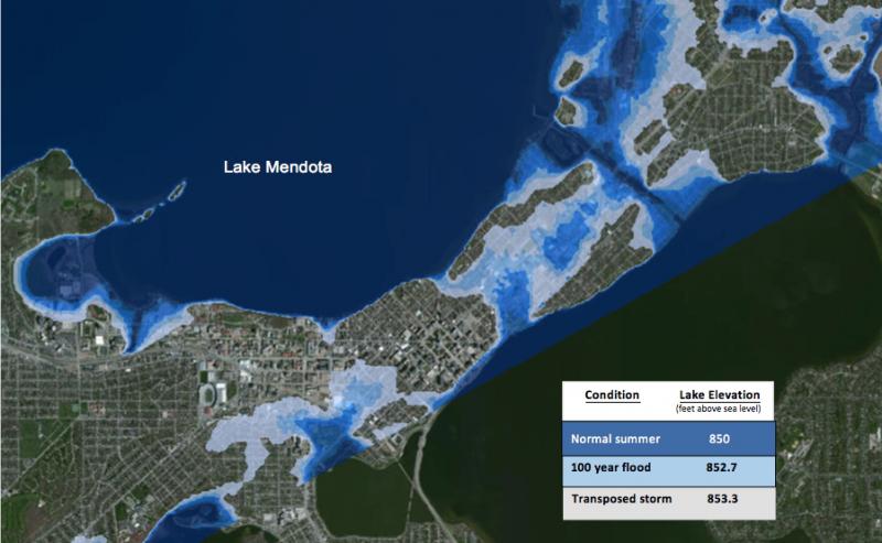 Map of projected lake levels and inundataion for Lake Mendota