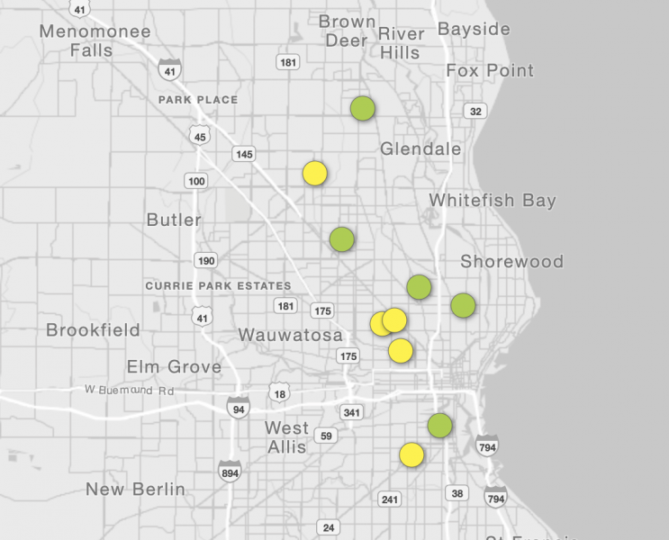 Map with yellow and green dots