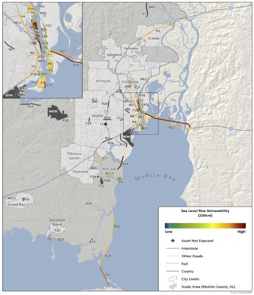 Map showing vulnerability of selected transportation assets in Mobile Bay, Alabama