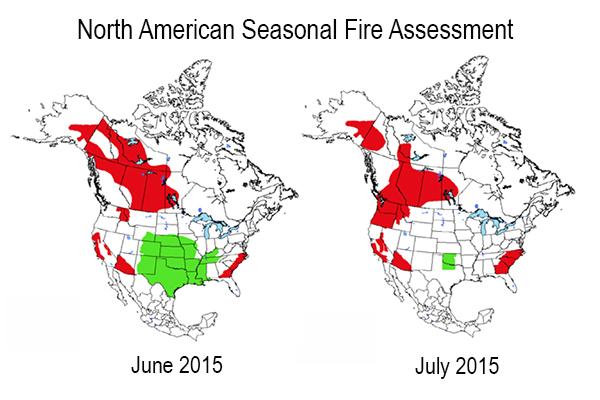Map showing increased chances for wildfire activity in Canada in June and July, 2015
