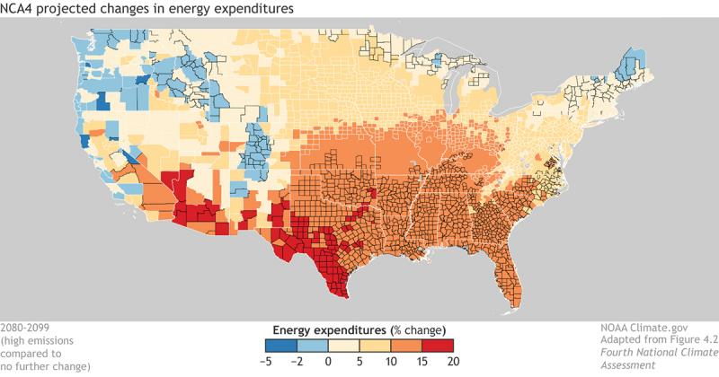Map of contiguous U.S. with hotter colors along the southern portion