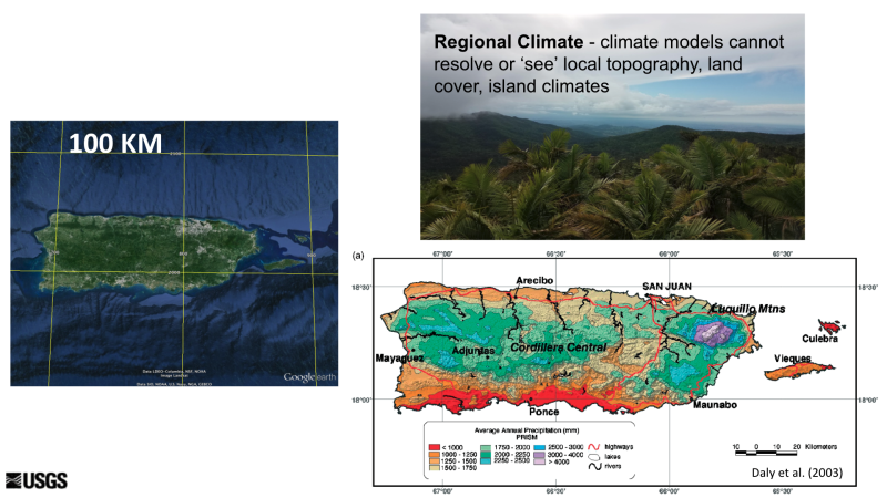 Una vista aérea de la isla de Puerto Rico con un contexto de cuadrícula de 100 km se compara con un mapa de precipitación anual de Puerto Rico. Los modelos climáticos regionales no pueden resolver o "ver" la topografía local, la cobertura del suelo o los climas insulares.