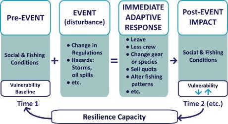 Boxes represent a pre-event, disturbance, adaptive response, and impact in a coastal community