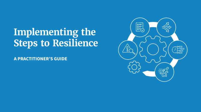 Bright blue background with white text reading "Implementing the Steps to Resilience: A Practitioner's Guide" and a circular gear diagram to the right of the image depicting the iterative process of the steps.