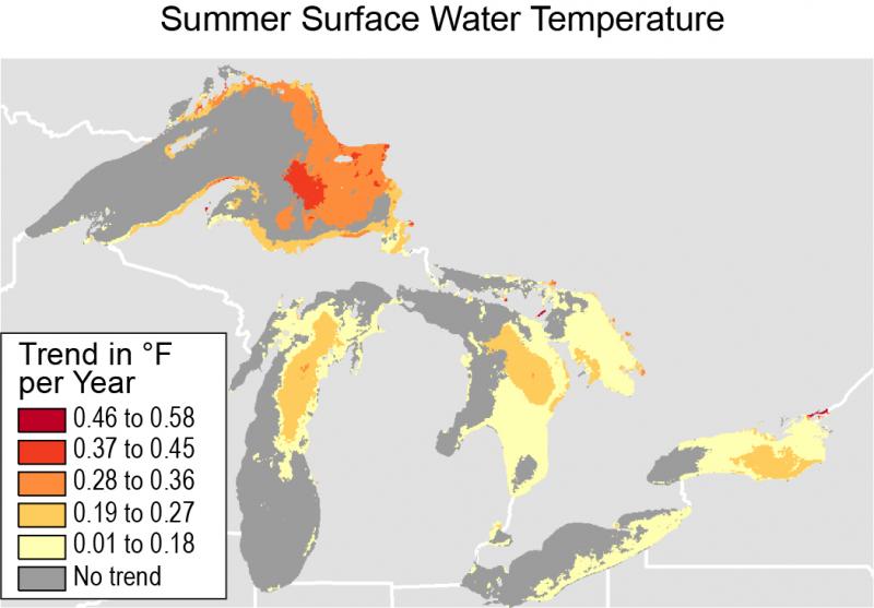 Maps showing the rate of change of summer surface water temperature in the Great Lakes