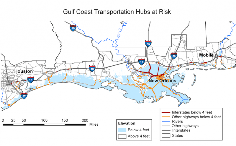 Map showing potential inundation of Gulf Coast transportation assets within 4 feet of sea level
