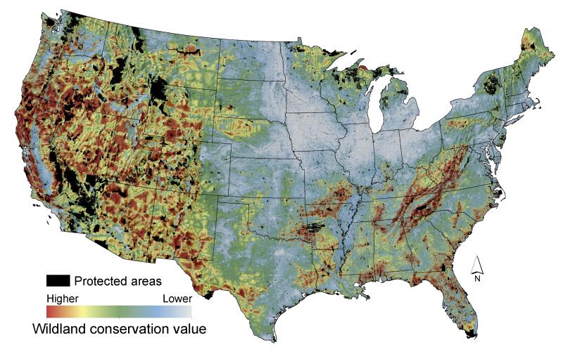 Map of the contiguous United States showing quantified wildland values