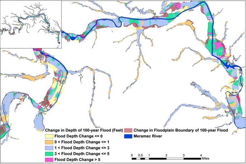 Map of the Meramec Greenway with projected changes in flood depth.