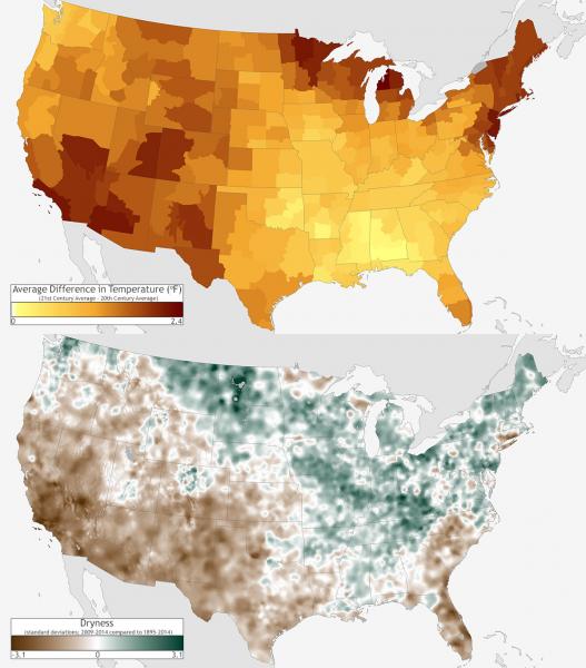 Maps of contiguous United States showing higher temperatures (top) and drier conditions (bottom) in the Southwest.