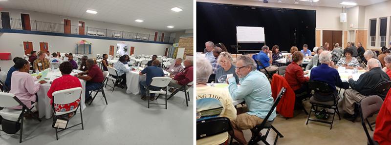 Two photos of participants at climate adaptation workshops held in Georgetown County, South Carolina