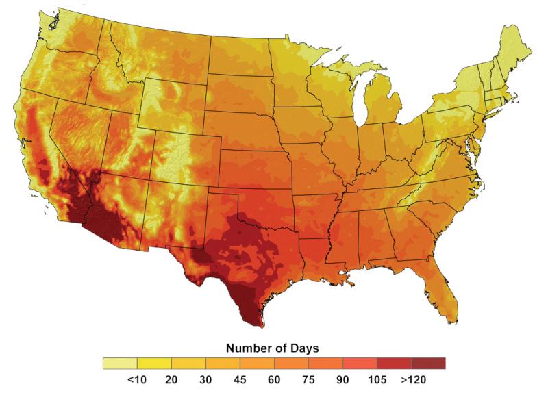 Map showing number of days above 100°F, 2080-2099, under a higher emissions scenario