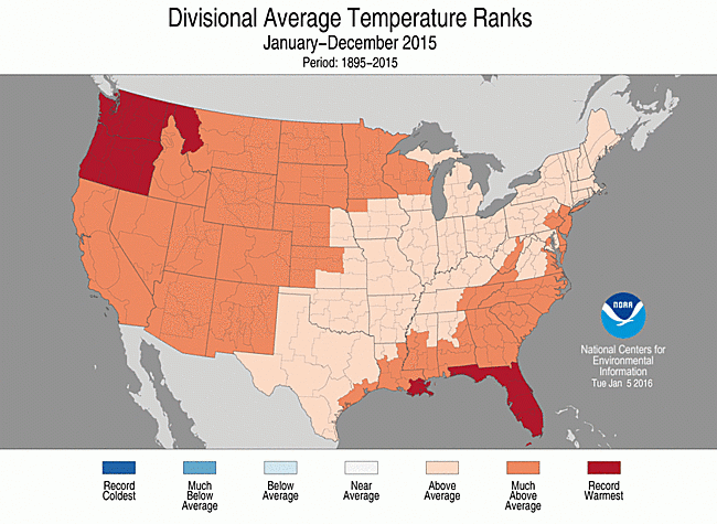 Map depicting the average temperature ranks of the U.S. by climate division