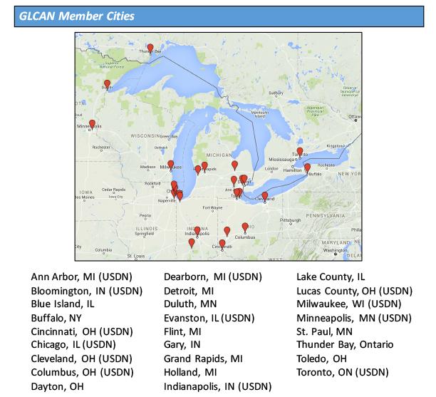 Map showing the location of GLCAN member cities, as well as a list of members 