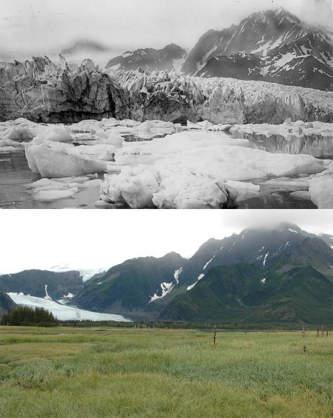 Mountains with abundant ice on top. Same mountains with grassy filed on bottom.