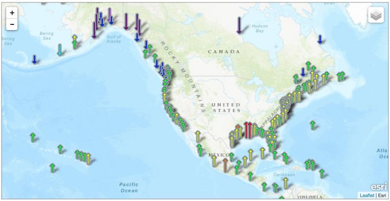 Map with arrows showing regional sea level trends