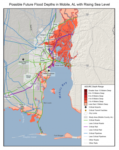 Map Showing Possible Future Flood Depths in Mobile, AL, with Rising Sea Level