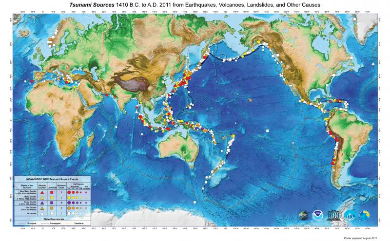 Map Showing Tsunami Sources 1410 B.C. to A.D. 2011
