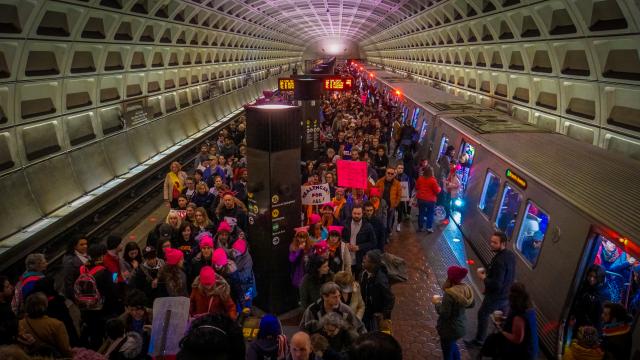 Busy and bustling subway station during a women's march in Washington, DC