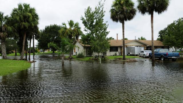 Close up view of a flooded driveway and neighborhood