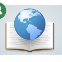 A book with a globe and green badge