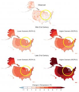 Maps displaying observed and projected changes in annual average temperature in the United States