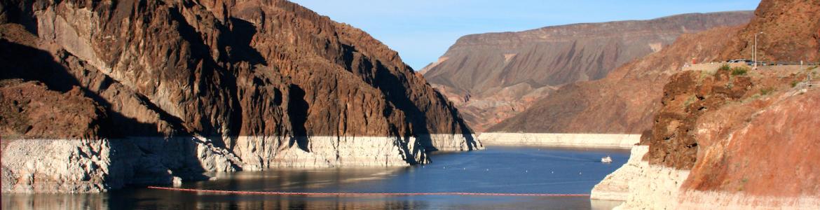 Low water at Lake Mead exposes a wide "bathtub ring" that marks the lake's former level.